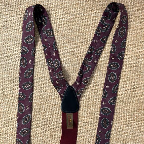 Trafalgar Suspenders Paisley Burgundy Leather Button On Braces USA Made - Picture 1 of 10